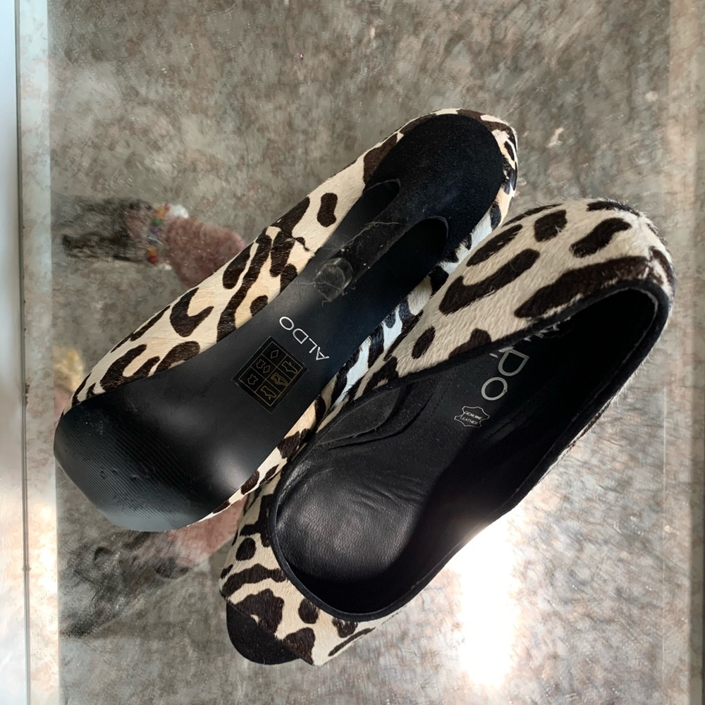 Aldo fur leopard peep toe pumps